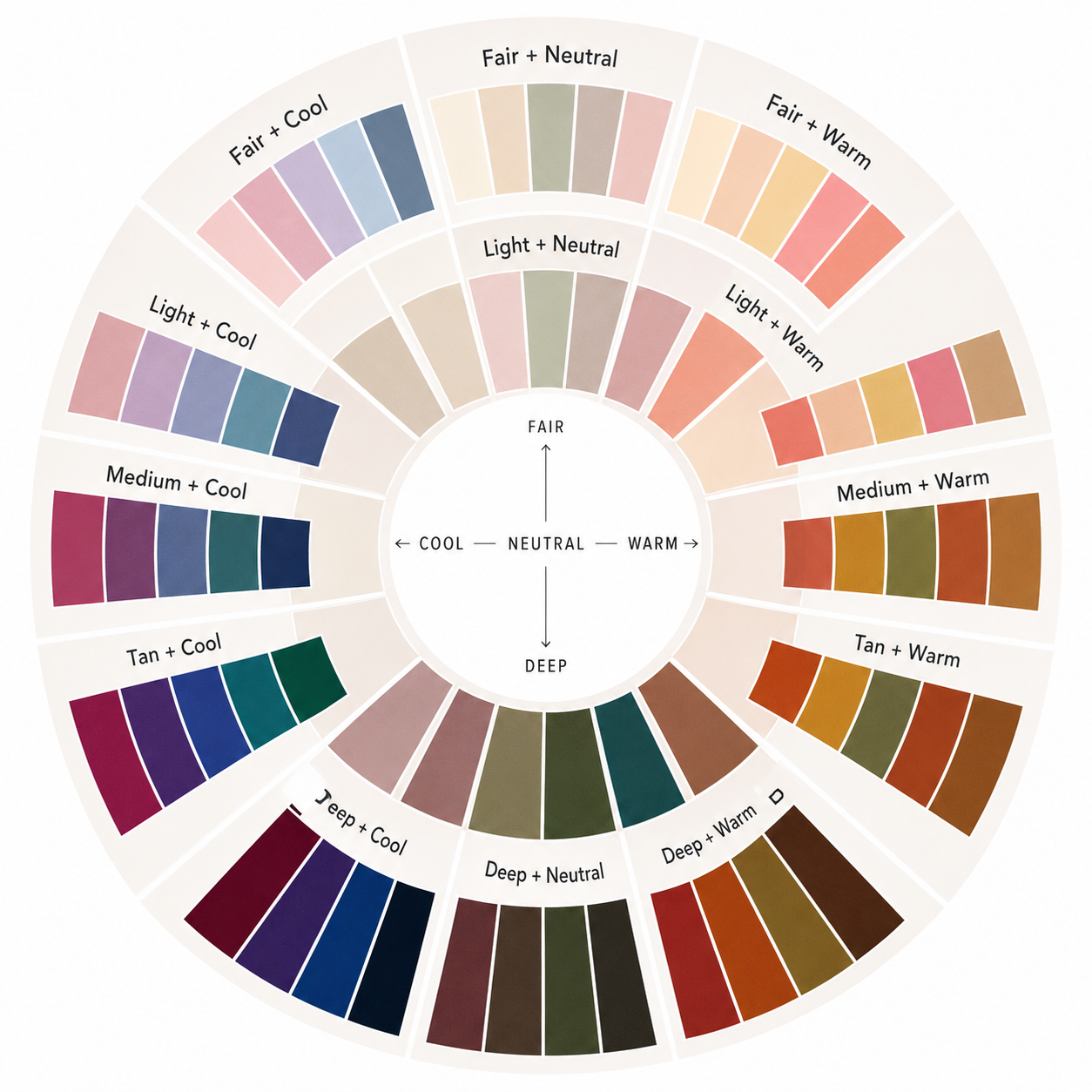 The Colour Flywheel: 15 palettes mapped by complexion depth and undertone.