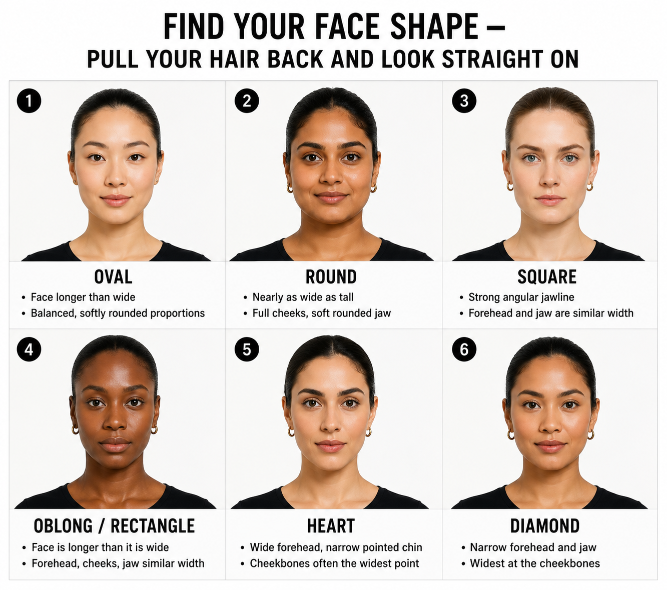 Find your face shape: oval, round, square, oblong, heart and diamond.