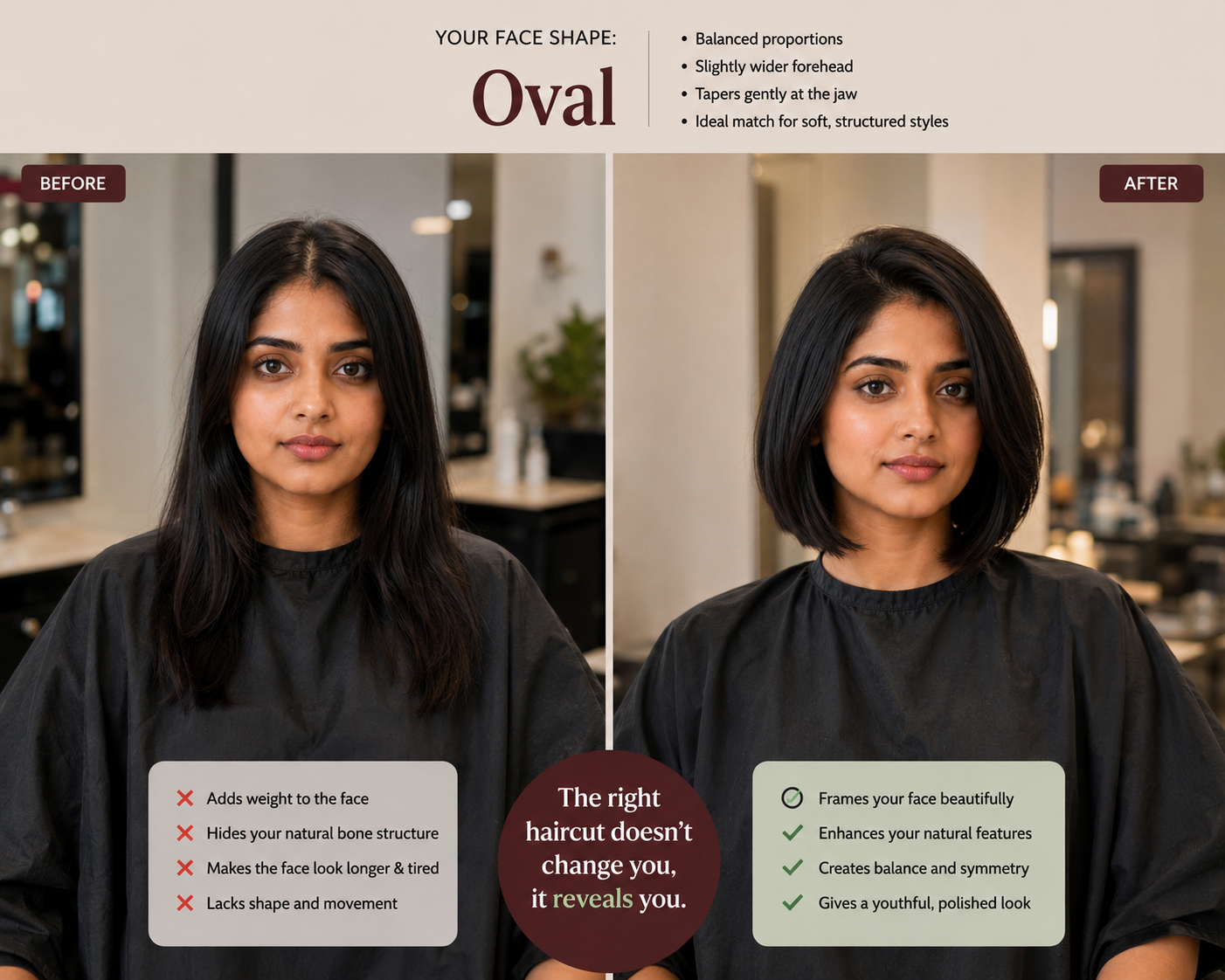 Sneha, 31 — before and after haircut matched to her oval face shape.