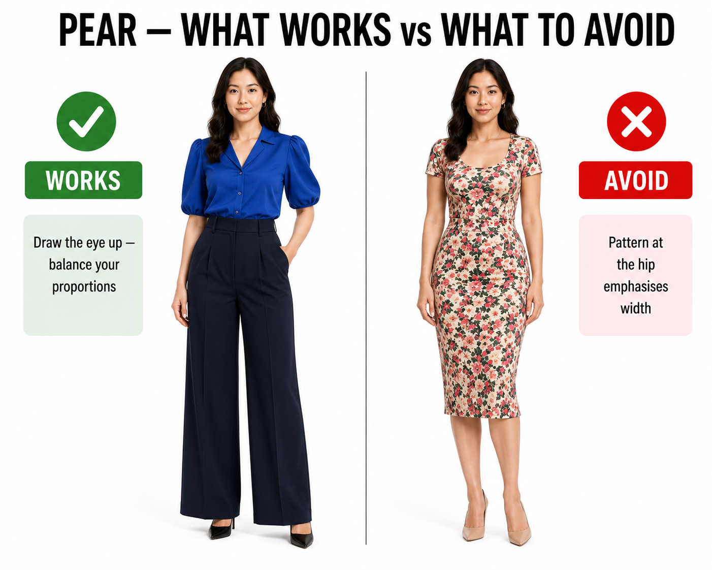 Pear shape — what works versus what to avoid.