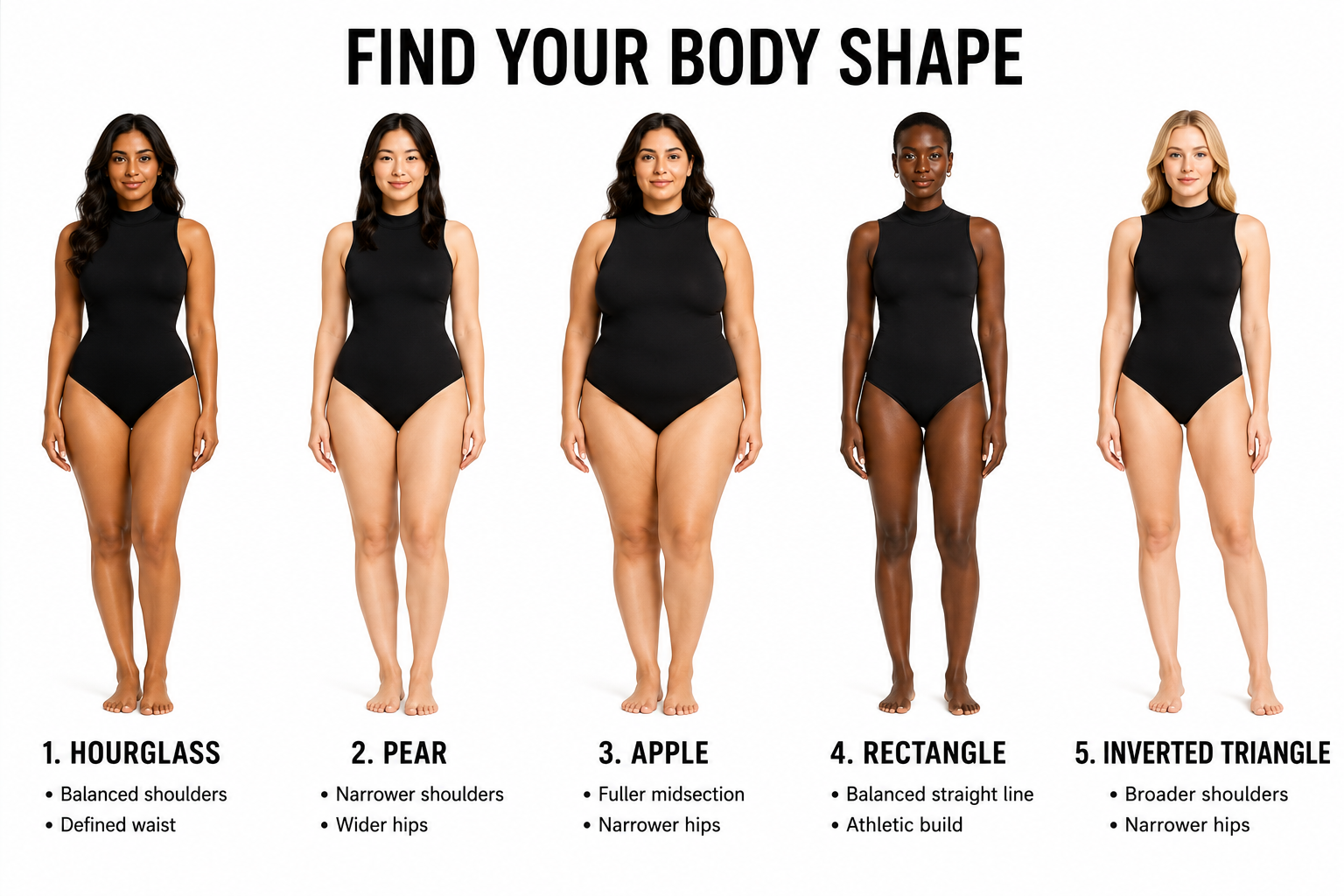 Find your body shape: hourglass, pear, apple, rectangle and inverted triangle.