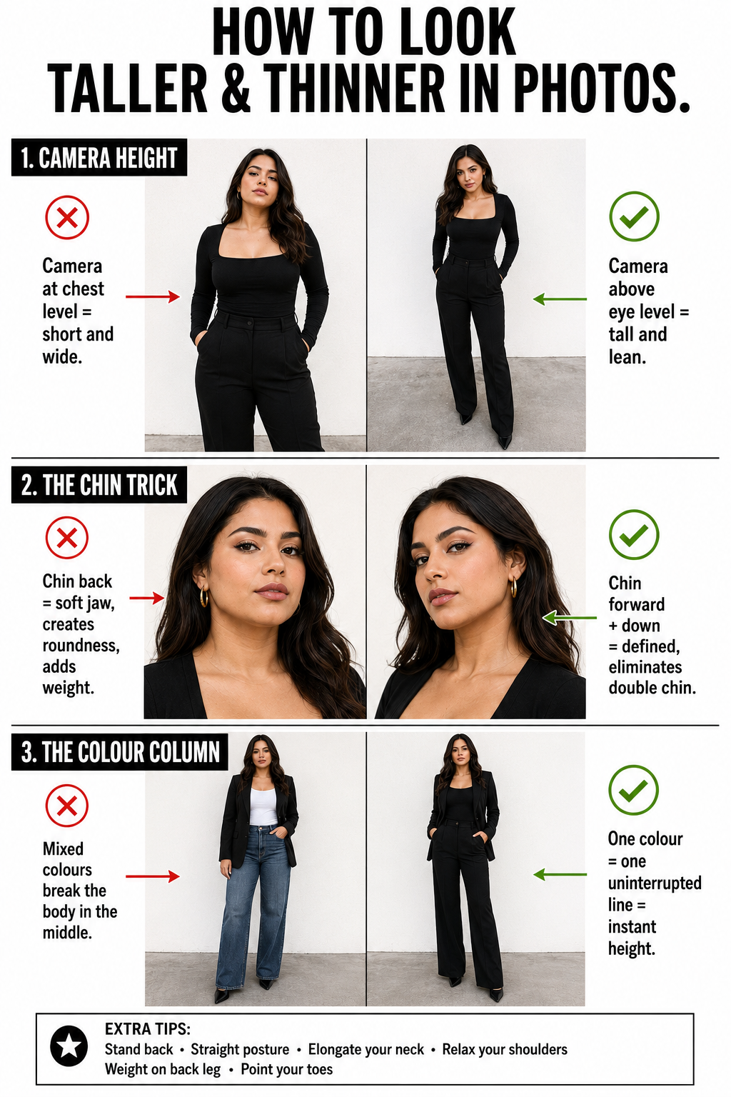 How to look taller and thinner in photos: camera height, the chin trick, and the colour column.