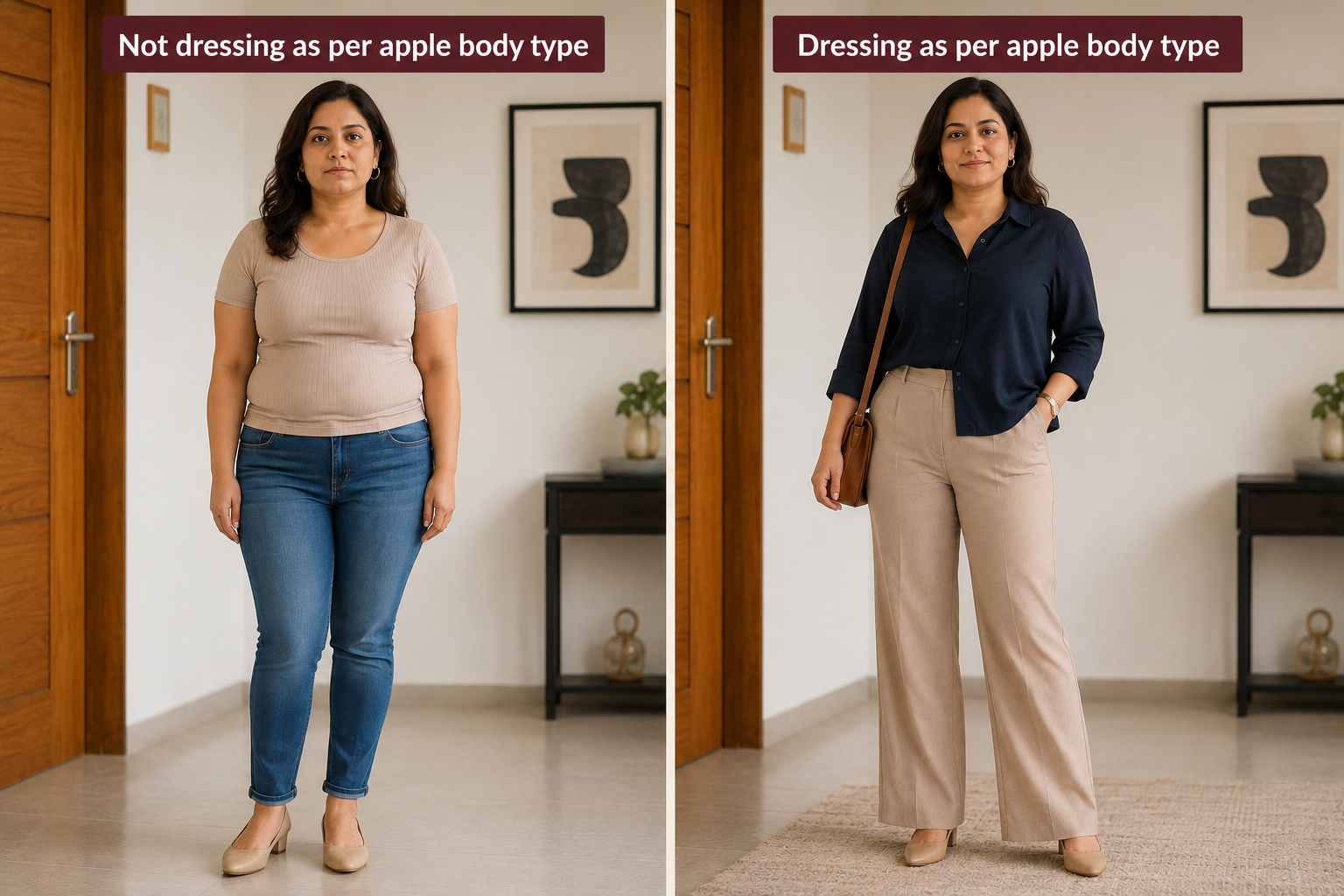 Ananya, 38 — before and after: dressing against her body type versus dressing for her apple shape.